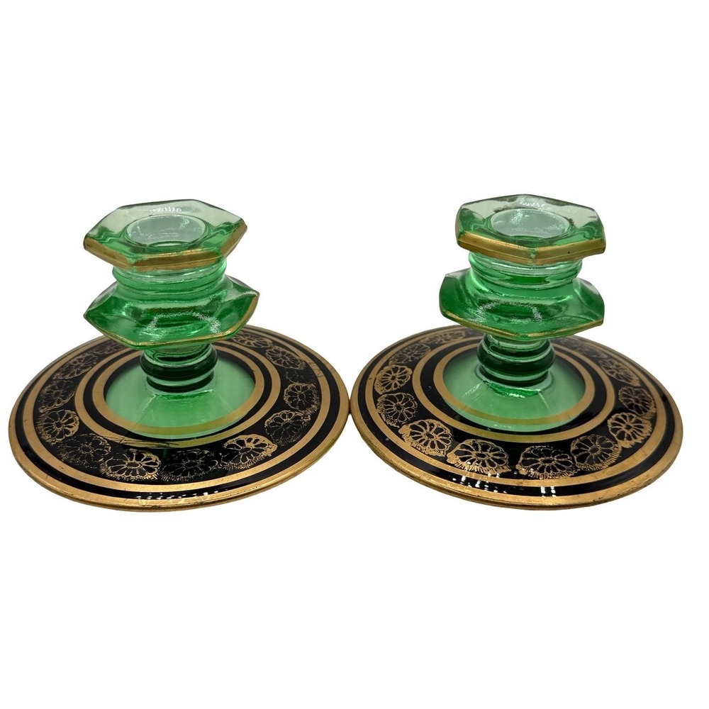 Bohemian Art Deco Glass‎ Candlesticks Green Black Gold Enamel Haida Style Czech